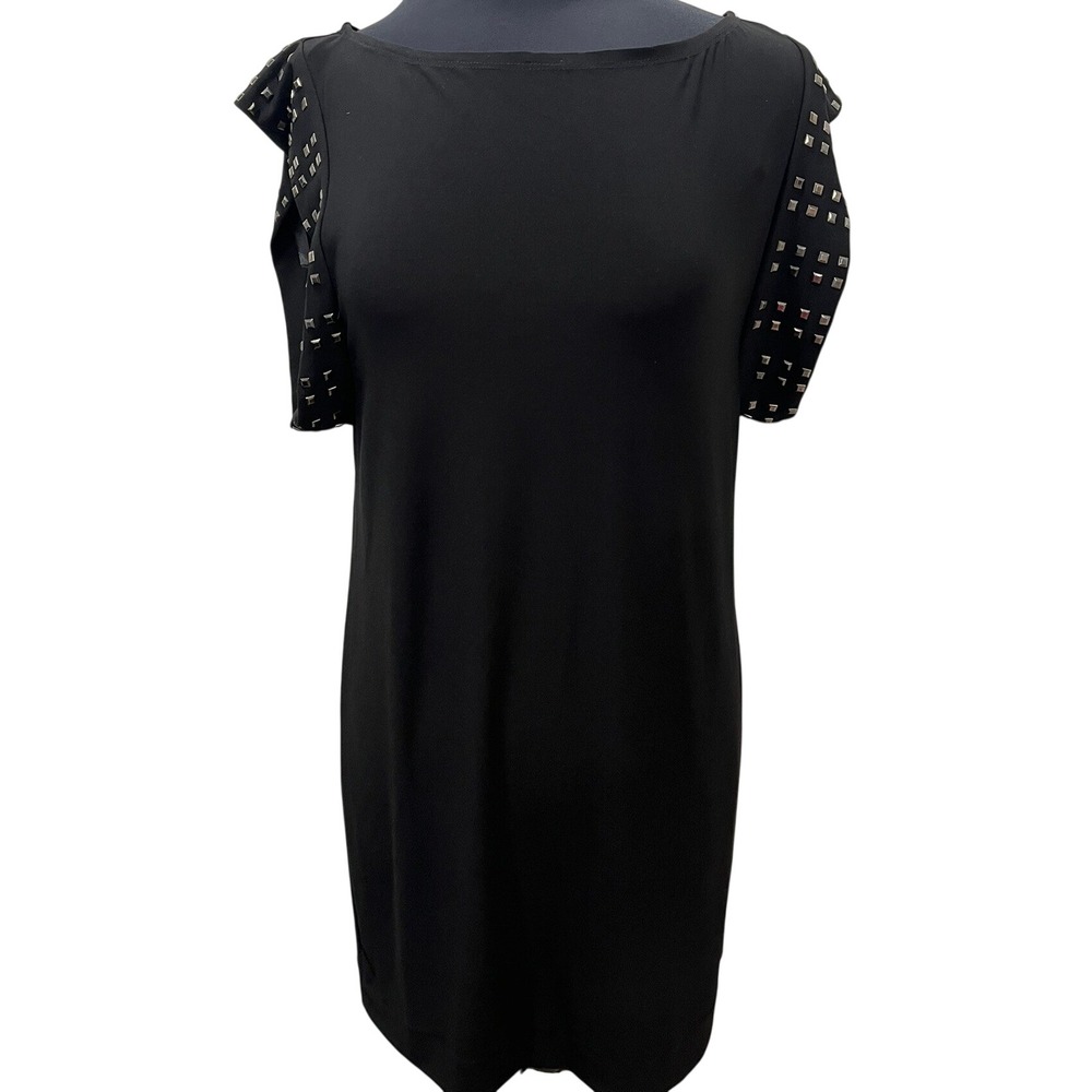 Bisou Bisou Womens Black Studded Cap Sleeve Sheath Dress Boat Neck Mini‎ Dress